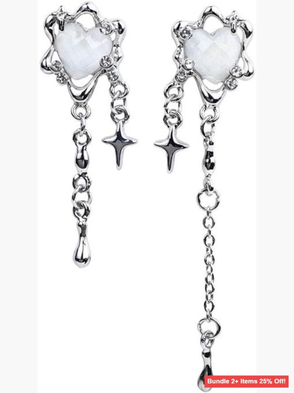 Silver Alloy Dangle Drop Earrings with Crystal Heart Star Tassel Design